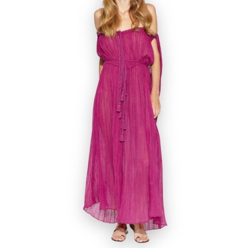 Miguelina Juno Off The Shoulder Tasseled Cotton Crepe Maxi Dress Womens Size XS